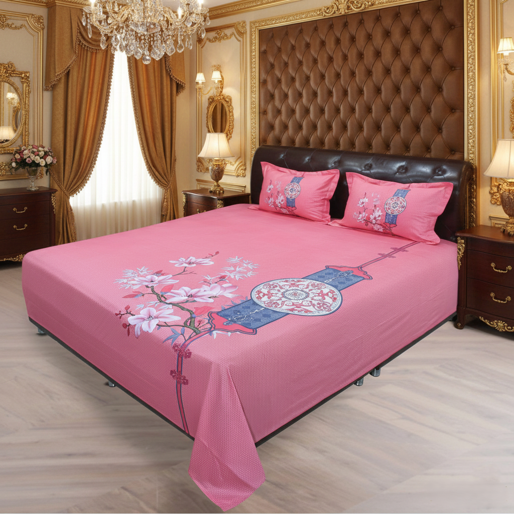 NIDRA Premium Floral Bedsheet – Elegant Pink & Mustard Yellow Edition