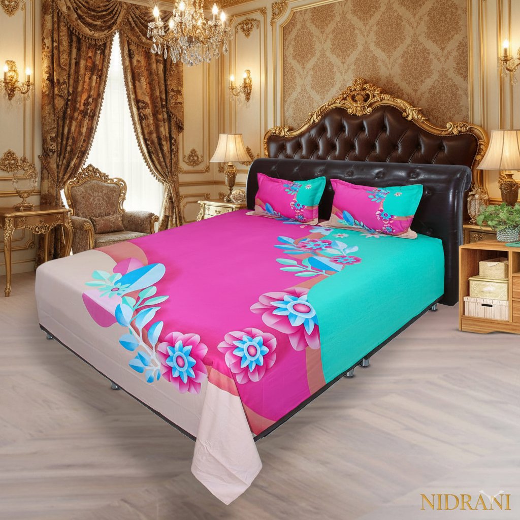 NIDRA Premium Royal Floral Bedsheet – Elegant Pink, Teal & Navy Edition