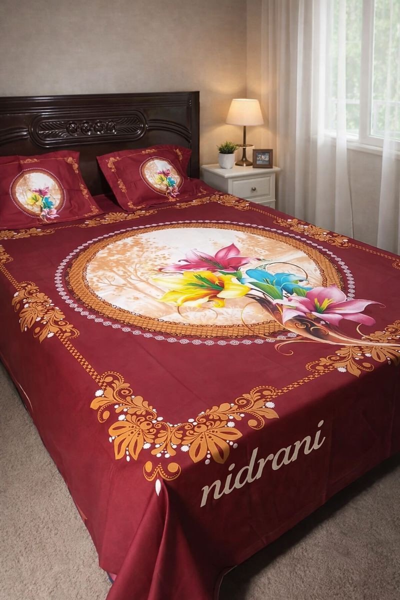 Maroon Floral Circular Double Bed Sheet Set