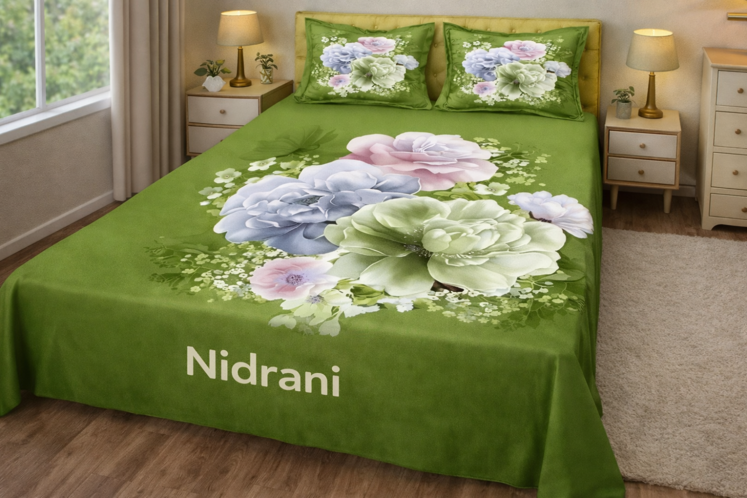 Green Floral Double Panel Bed Sheet Set