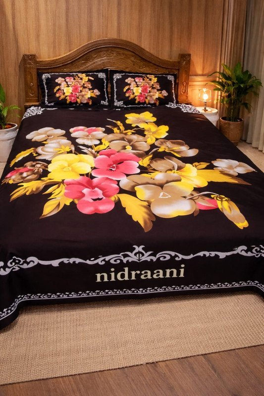 Black Floral Panel Bedsheet Set