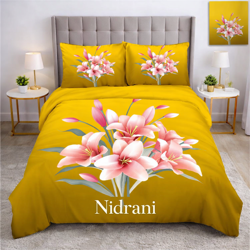 Nidrani Premium Floral Bedsheet – Yellow & Deep Blue Elegant Collection