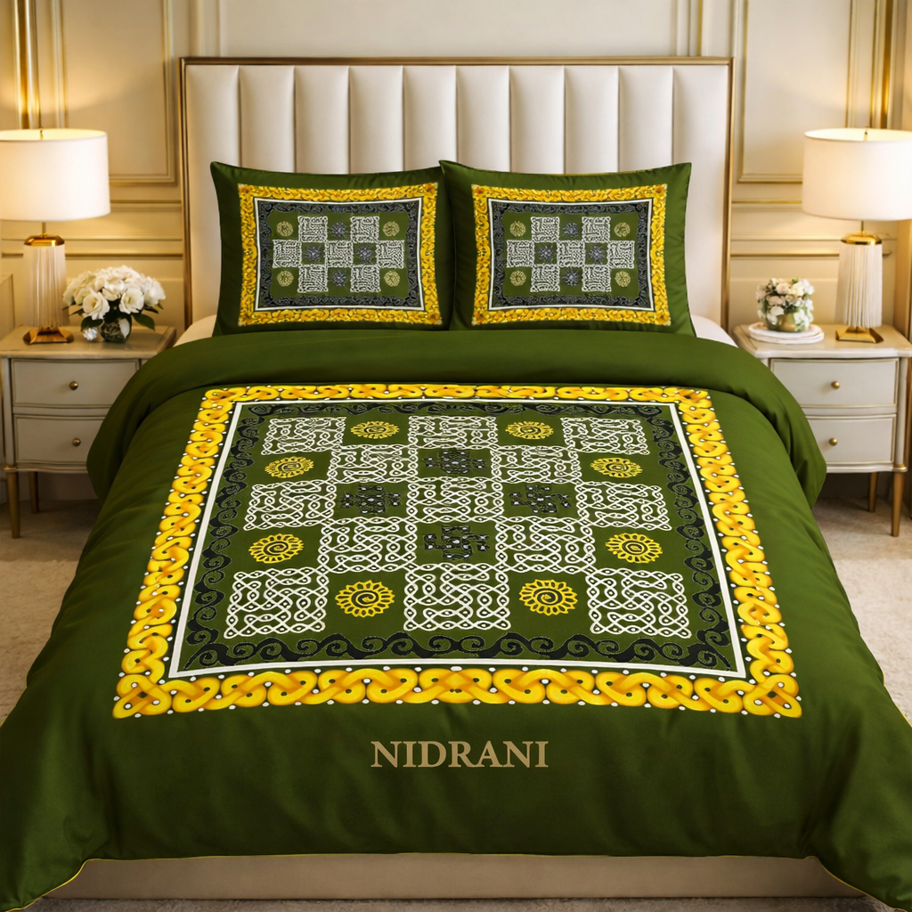Nidrani Luxury Heritage Panel Bedsheet – Maroon & Olive Green Edition