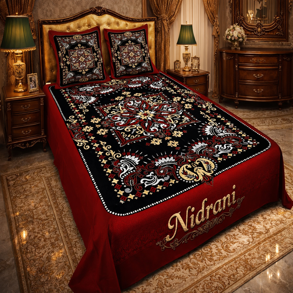 Nidrani Royal Black & Red Classic King Size Bedsheet