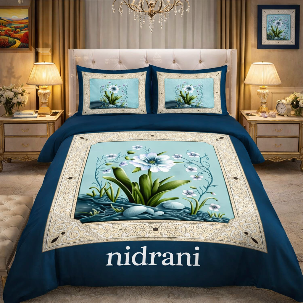 Nidrani Premium Blue Floral Bedsheet Set with Pillow Covers