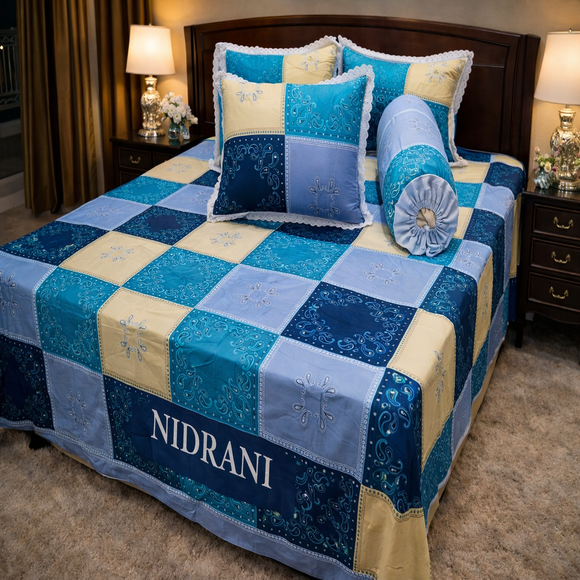 Nidrani Elegant Blue Patchwork King Size Bedsheet Set – Multitone Blue & Cream Premium Bedding