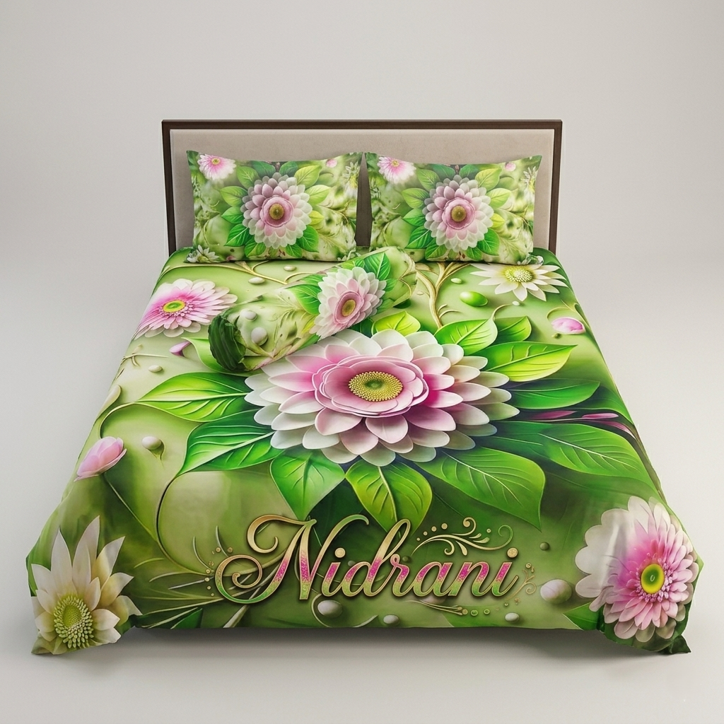 🌿 নিদ্রাণী সবুজ-গোলাপি ডিজিটাল প্রিন্ট বেডশিট