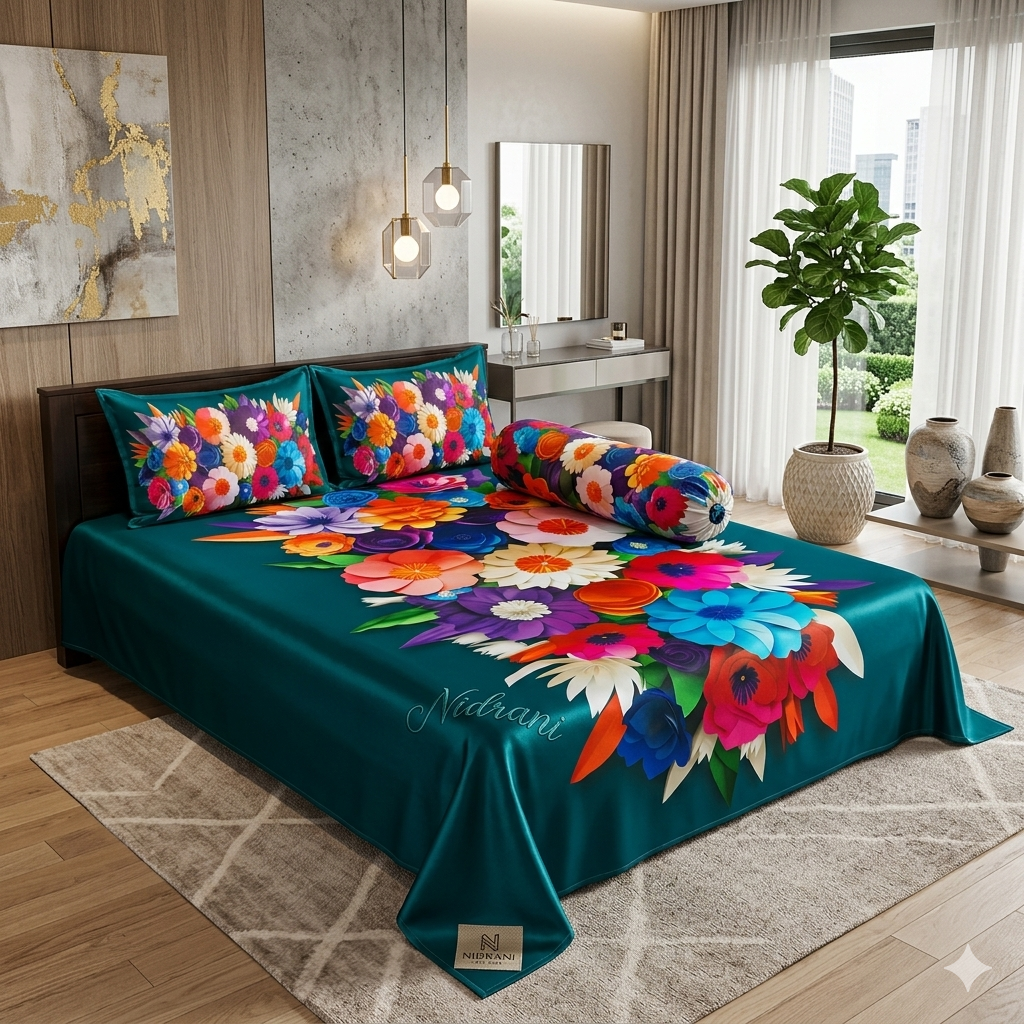 নিদ্রাণী নীলিমা মাল্টিকালার ফ্লোরাল ডিজিটাল বেডশিট