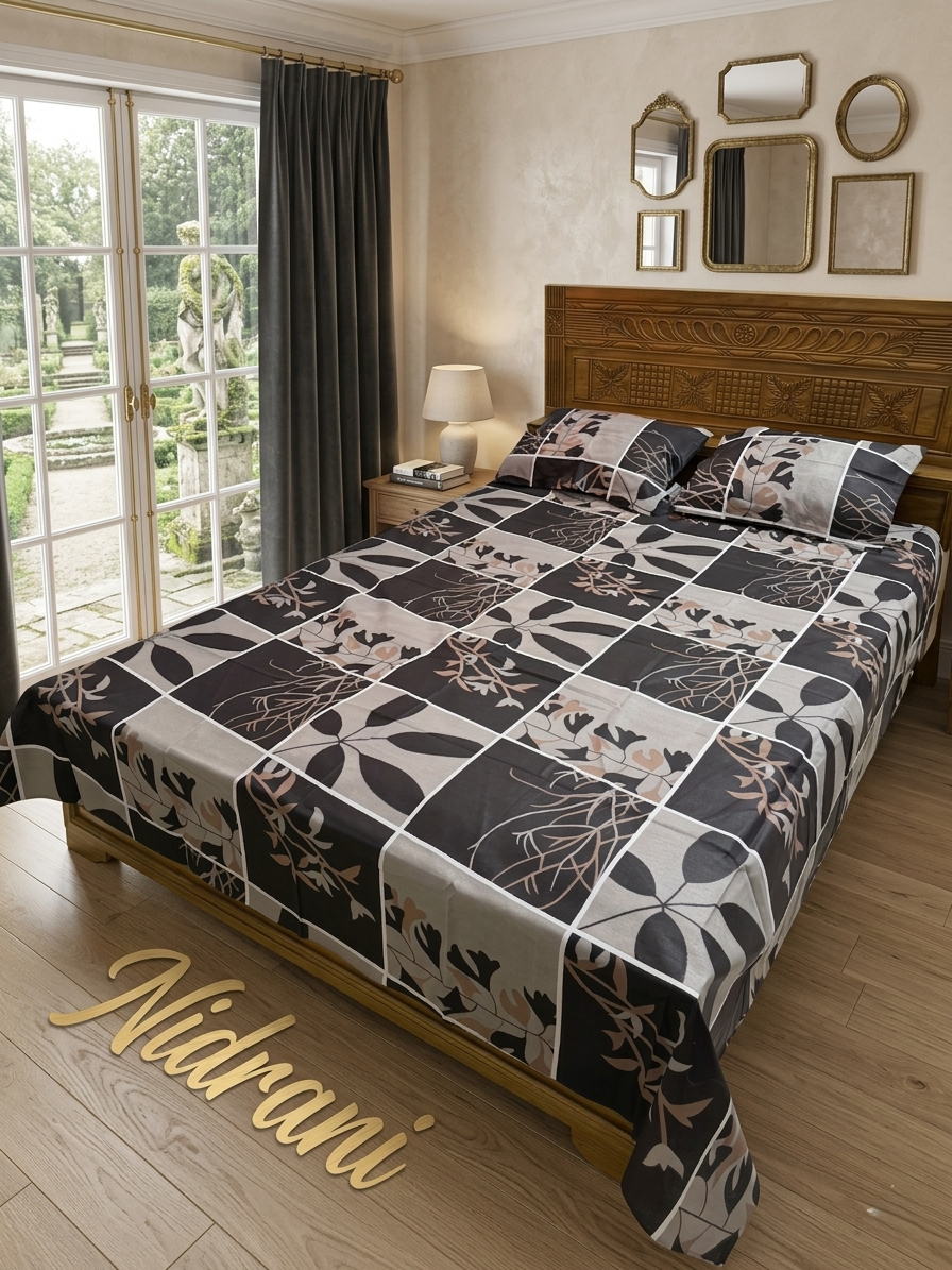 নিদ্রাণী ব্ল্যাক অ্যান্ড গ্রে ফ্লোরাল চেক পিসি কটন বেডশিট সেট