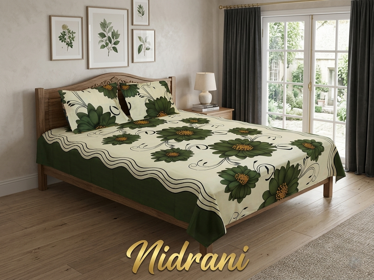 নিদ্রাণী গাঢ় সবুজ এবং সোনালী ফ্লোরাল পিসি কটন বেডশিট সেট