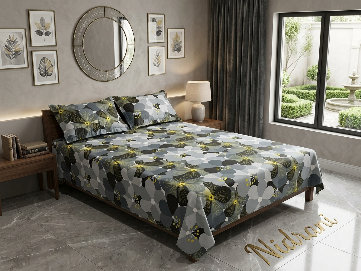 নিদ্রাণী গাঢ় ধূসর এবং হলুদ ফ্লোরাল পিসি কটন বেডশিট সেট